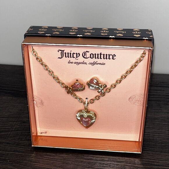 New Juicy Couture Pink Charm Necklace & Earrings, Heart Set Gold Tone Stud Boxed - Picture 1 of 6